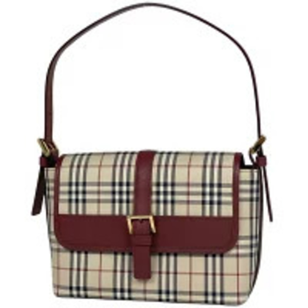 Burberry Check Handbag Hobo Tote Bag Canvas Beige Burgundy Red